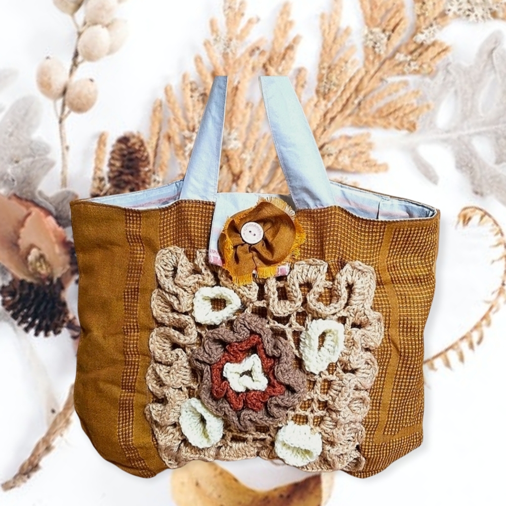Hand Crafted Israel Boho Tote Bag Floral Crochet Trim Lined
